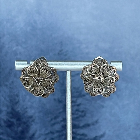 Silver Flower Clip On Earrings - Picture 1 of 10